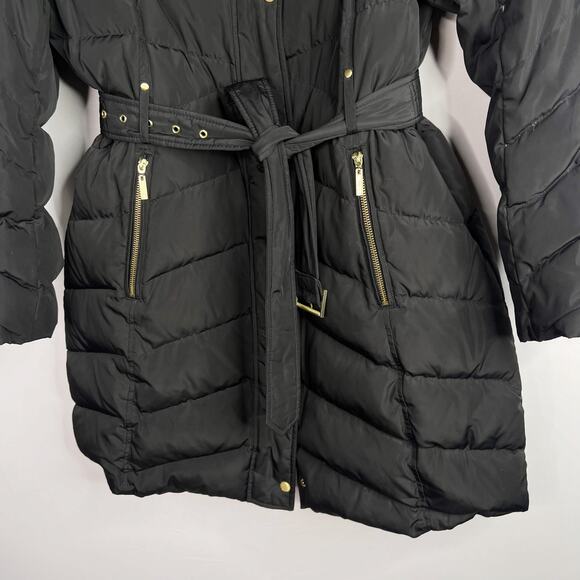 Cole Haan Womens XLarge XL Black Faux Fur Trim Down Puffer Jacket Quilted Belt - Picture 4 of 11